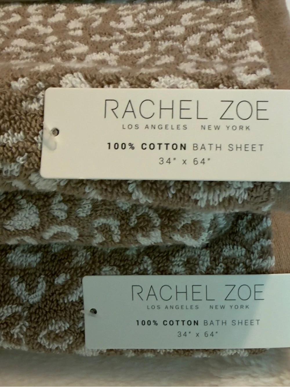 2 Rachel Zoe Animal Print Leopard Cheetah Oversized Bath Sheets 34” x 64” Set 2